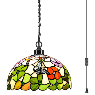Werfactory® Tiffany Pendant Light 12 Inch Green Butterfly Style Stained Glass Chandelier